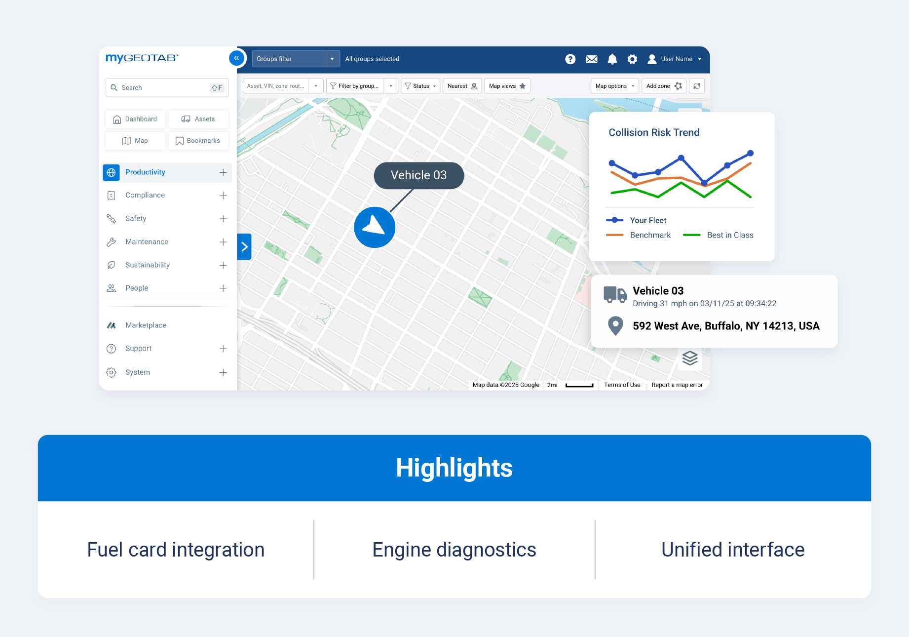 Geotab product and highlight callouts like fuel card integration, engine diagnostics and unified interface 